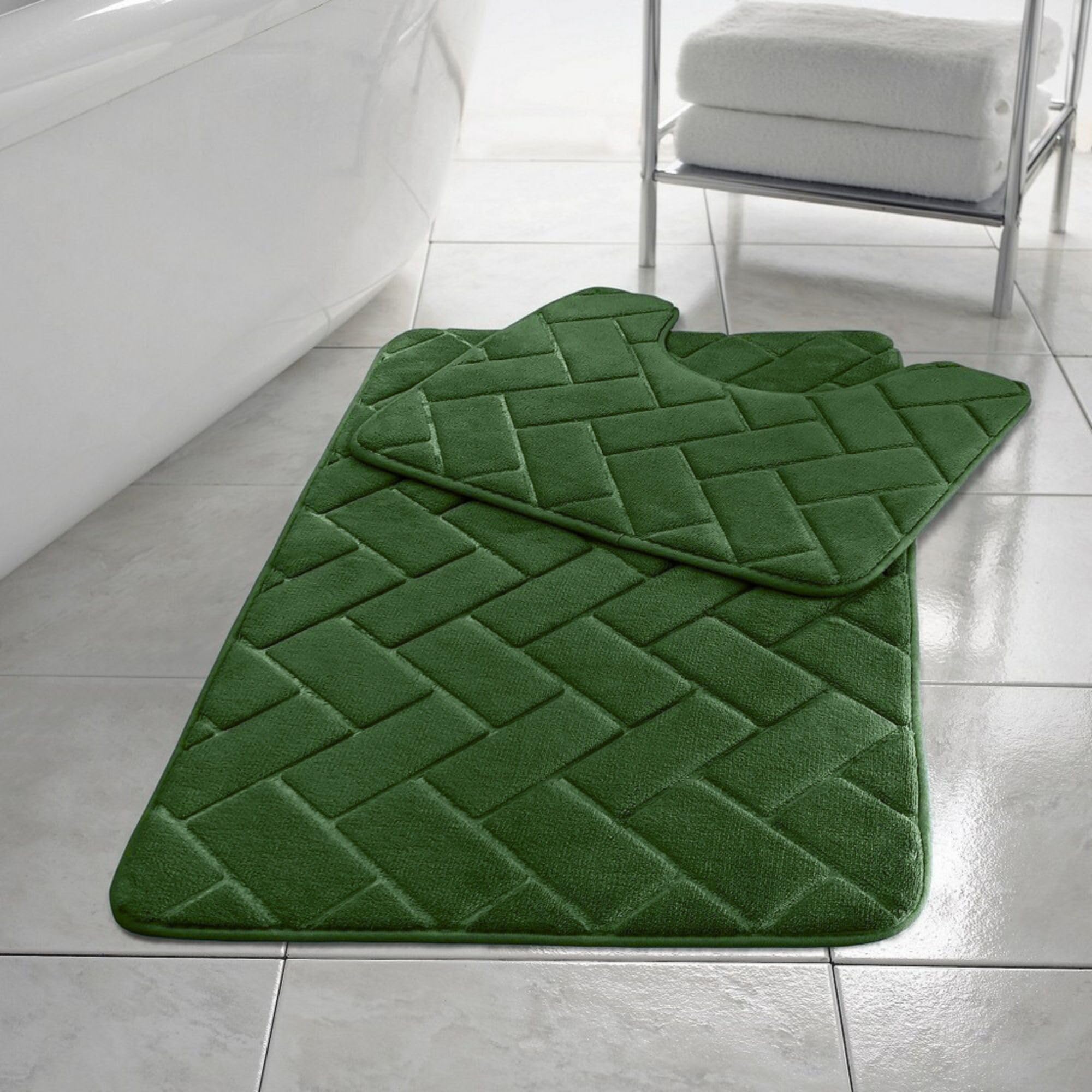 HomeSpace Direct Blocks Non- Slip Memory Foam Bath Mat/Toilet Mat Set Dark Green