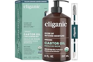 Cliganic USDA Organic Castor Oil, 100% Pure (8oz with Eyelash Kit) - For Eyelashes, Eyebrows, Hair & Skin | Natural Cold Pres