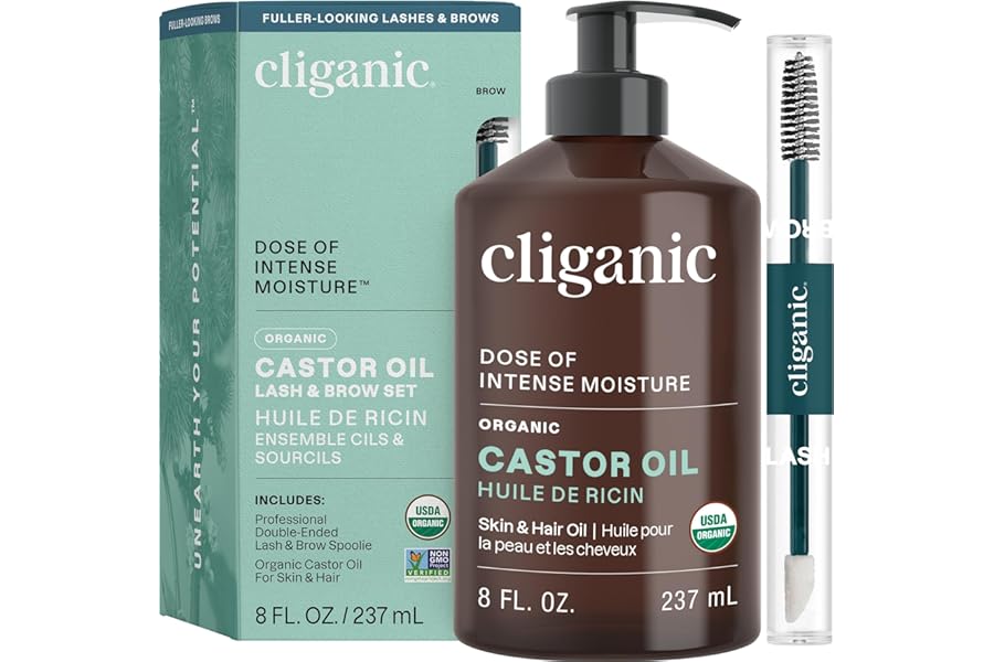 Cliganic Organic Castor Oil, 100% Pure – For Hair, Skin, Face, Eyelashes & Eyebrows | Natural Cold Pressed Unrefined Hexane-Free (8oz)