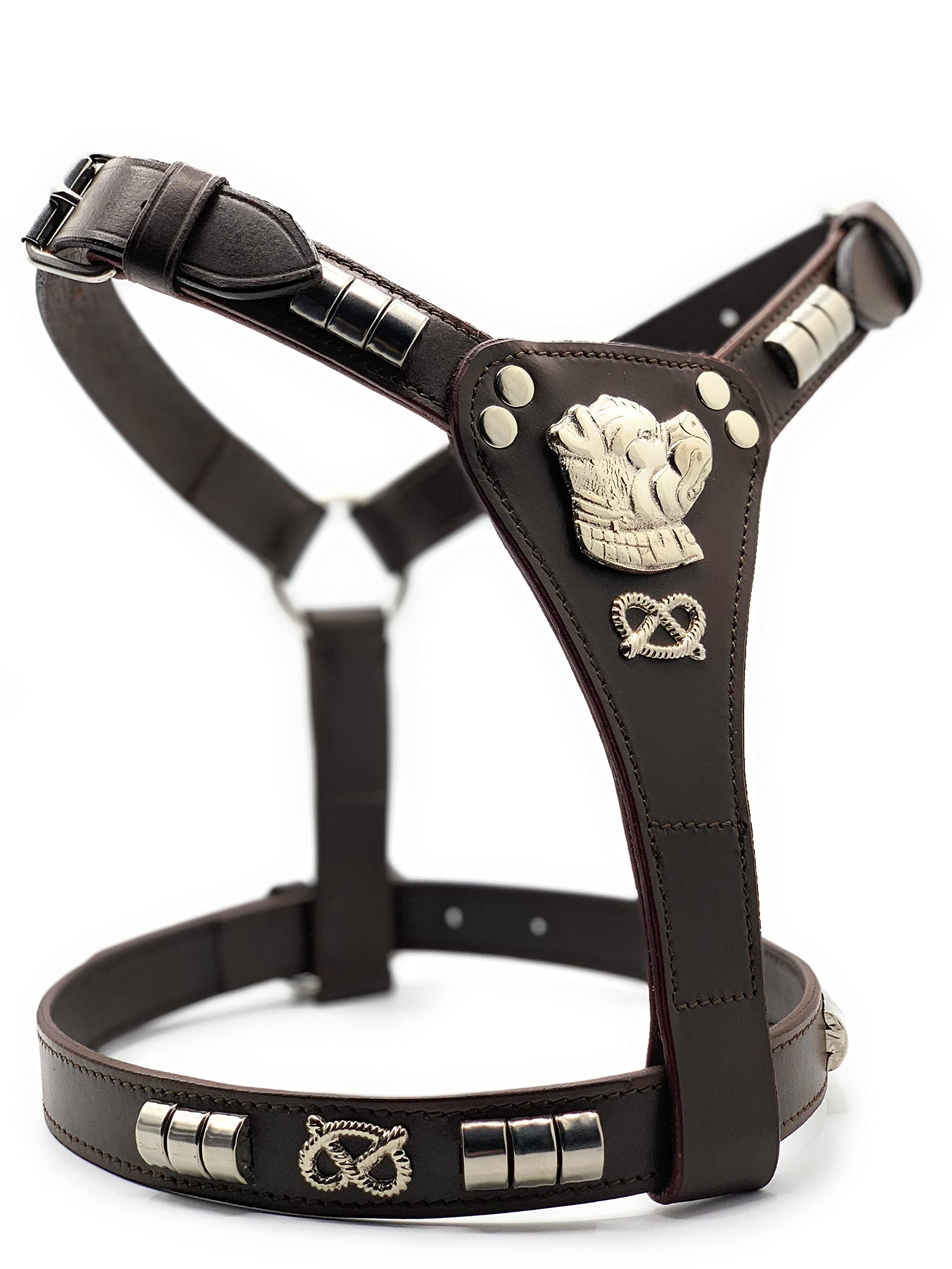 Leather Dog Harness Staffy harness Staffordshire Bull Terrier harness with Staffordshire Bullterrier Head Motif & Knot (23'' GIRTH TO 28'' GIRTH, BROWN WITH SILVER STUD)