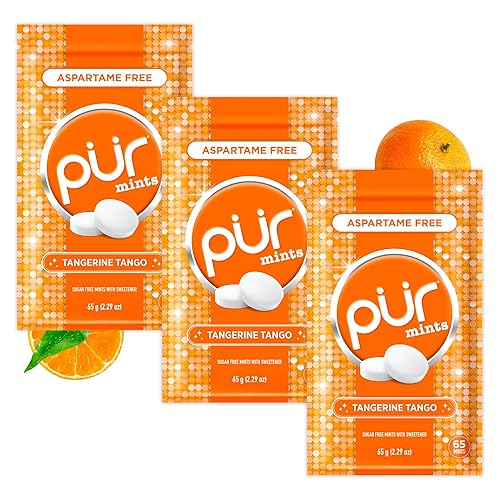 PUR Mints | Aspartame Free Breath Mints | Made with Xylitol | Sugar Free, Vegan, Gluten Free | Natural Tangerine Tango Flavor | 65 Pieces in Re-Sealable pouch (Pack of 3)