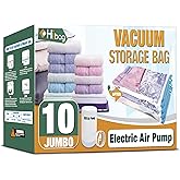 HIBAG Vacuum Storage Bags with Electric Pump, Vacuum Seal Space Saver Bags for Clothes, Clothing, Pillows, Blanket Bedding Comforters, Jumbo 10 pack
