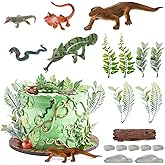 Simgoing 19 Pcs Reptile Cake Toppers Safari Animals Cake Decorations Artificial Lizard Snake Model Leaf Stone Tree Stump Set Reptile Party Decoration for Birthday Baby Shower Theme Party Supplies