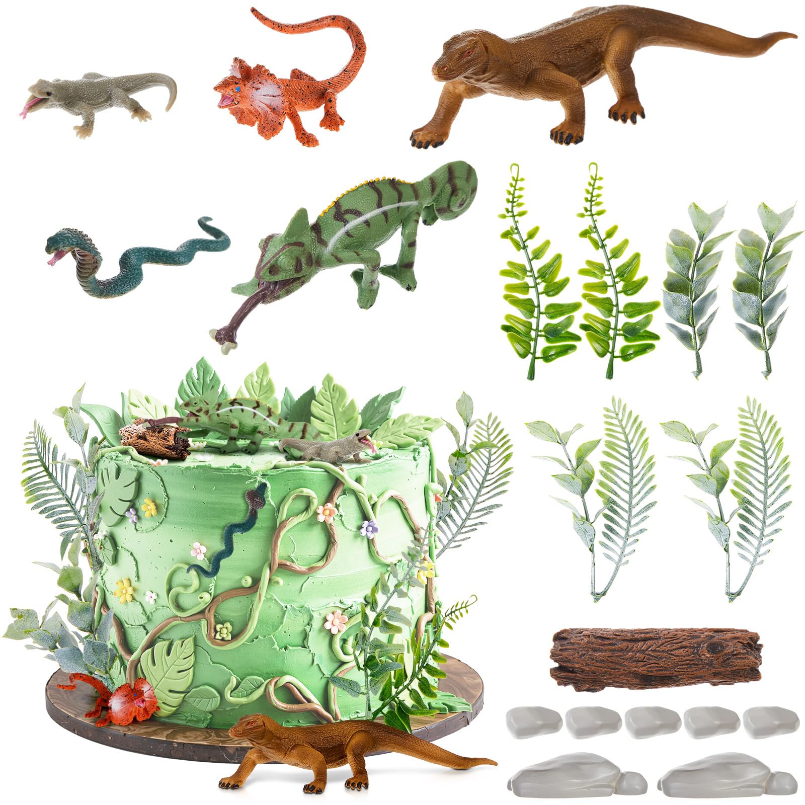 Photo 1 of Simgoing 19Pcs Reptile Cake Toppers Safari Animals Cake Decorations Artificial Lizard Snake Model Leaf Stone Tree Stump Set Reptile Party Decoration for Birthday Baby Shower Theme Party Supplies