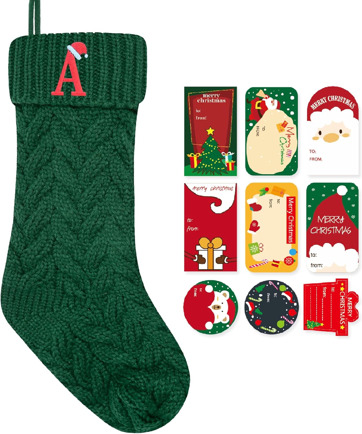Stockings & Holders - ZGCYSMHT Christmas Stockings Personalized Custom Initials 18 Inches Knitted Christmas Stockings with Letter Fireplace Hanging Monogram Xmas Stockings for Kids,Family Holiday Party Decoration（Green A）