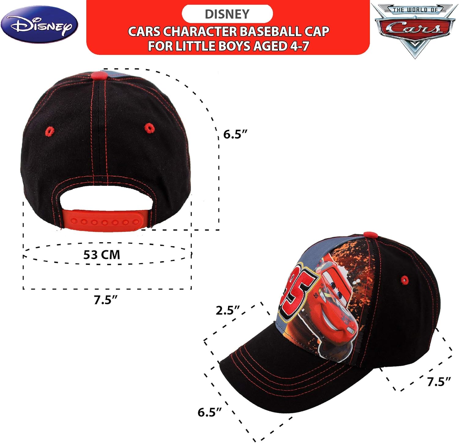 Disney Little Boys' Cars Lightning McQueen Character Cotton Baseball Cap, black/Red, Ages 4-7: Clothing