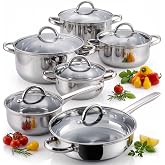 Cook N Home 12-Piece Stainless Steel Pots and Pans Kit, Silver Handle | Cookware Set with Glass Lids, Induction Compatible, Dishwasher &amp; Oven Safe, Stackable Design