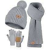 LOROME Women Winter Beanie Hat Scarf Gloves Set, Fleece Knitted Pompom Hat Warm Neck Scarf Touchscreen Gloves Winter Gift