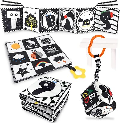 KUANGO 3 Pcs Black White High Contrast Baby Toys Montessori Sensory Soft Book