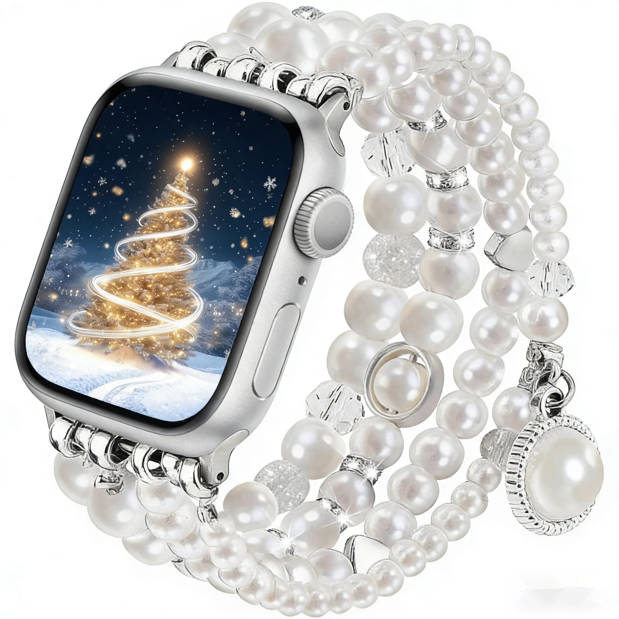 V-MORO Compatible with Apple Watch Band Pearl Series 9/8/7 41mm/40mm Women Fancy Handmade Beaded Elastic Bracelet Bling Jewelry Stretch Strap for iwatch SE Series 6/5/4/3/2/1,Fit for 5.3"-6.2" wrist(Pure White, 38/40/41mm)