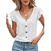SweatyRocks Women's V Neck Shirt Top Ruffled Sleeve Decor Button Down Blouse Embroidery Eyelet Top