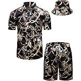 fohemr Mens Luxury Outfit Set Black Gold Shirts And Shorts 2 Piece Tracksuit Set Baroque Button Down Suit with Bucket Hats