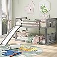 Montessori Floor Bunk Bed Twin Over Twin, Twin Bunk Bed with Slide and Ladder, Kids Bunk Beds with Guardrail Headboard and Footboard, Low Bunk Beds for Kids, Boys, Girls, Twin Bunk Bed Gray