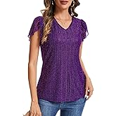 Womens Glitter Tops Short Sleeve Dressy V Neck Sparkly Casual Double Layers Shirts