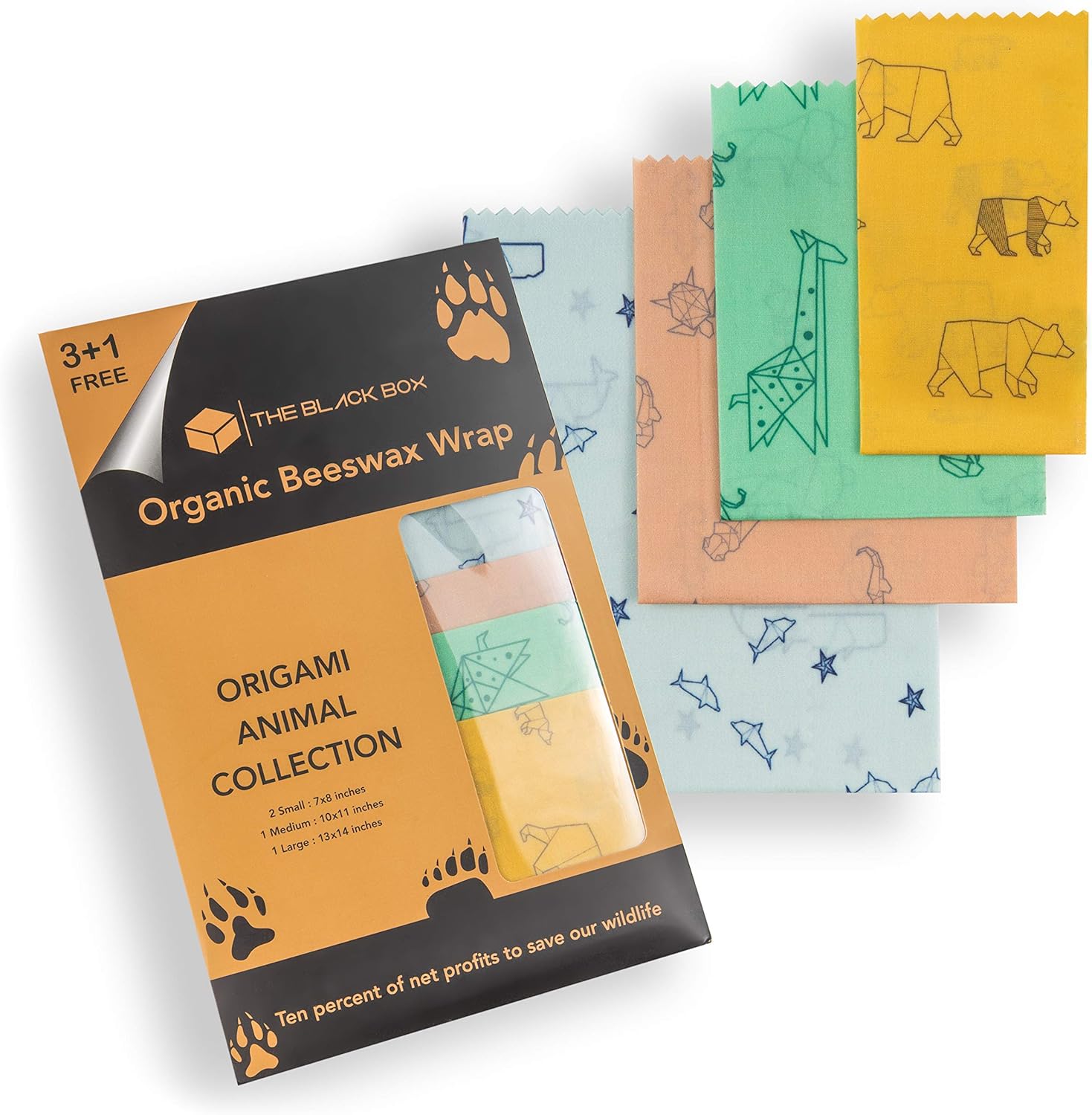 Organic Bees Wax Wrap - Set of 4 -Reusable Sustainable Plastic & Paper Alternative - Beeswax Wrap for Food Storage & Sandwich Wrapping - Eco Friendly -10% of Net Profit to Save Wildlife