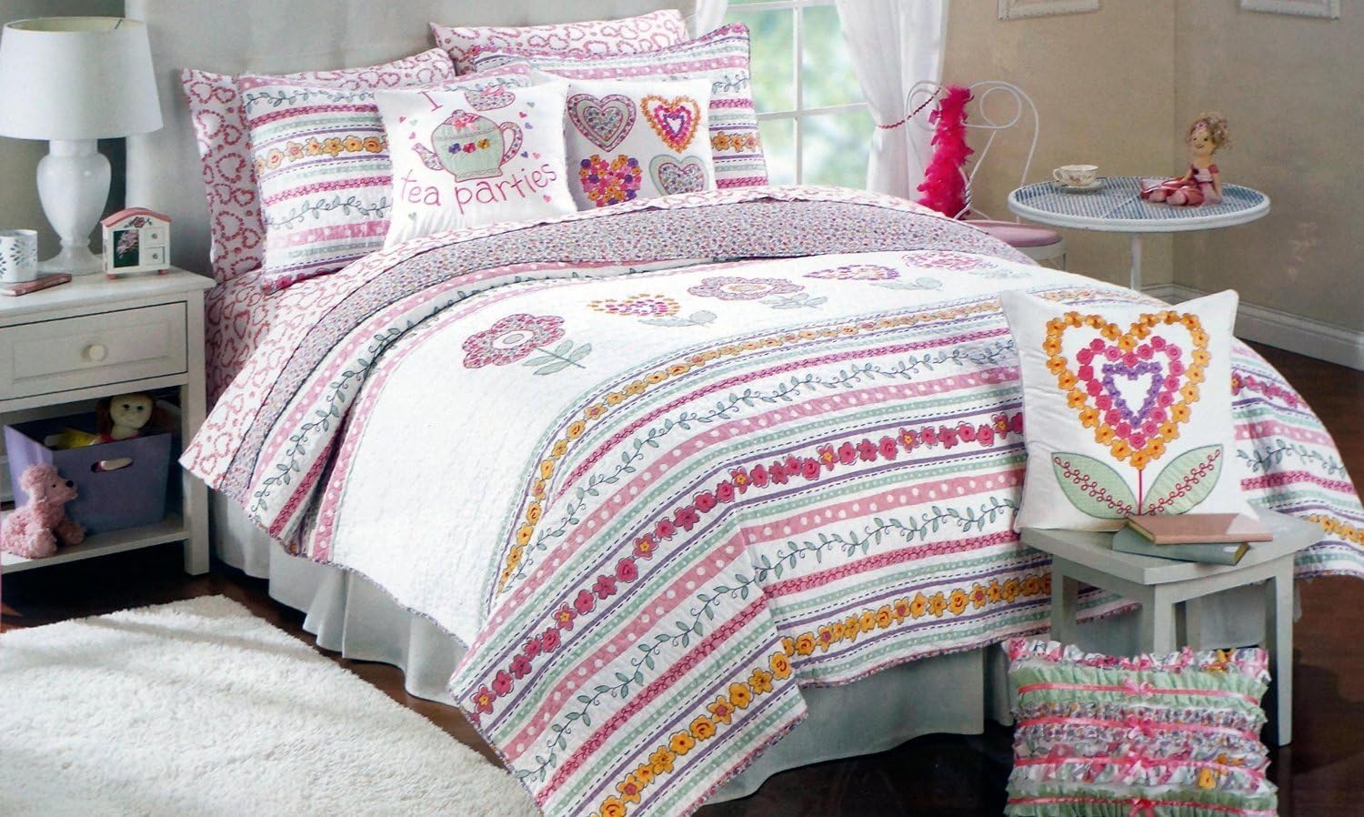 Lyla Rose Full/queen Quilt Girls Pink Green Purple Yellow Floral Stripe Pattern