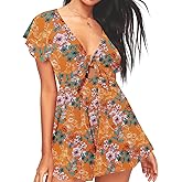AGQT Women’s Sexy V Neck Self Tie Front Romper 2026 Summer Boho Short Jumpsuit Playsuit Outfit Mini Dress