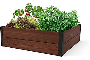 Keter 48" X 48" inches Wood Look Raised Garden Bed, Durable Outdoor Herb Garden Planter for Vegetables, Flowers, and Succulents, Brown