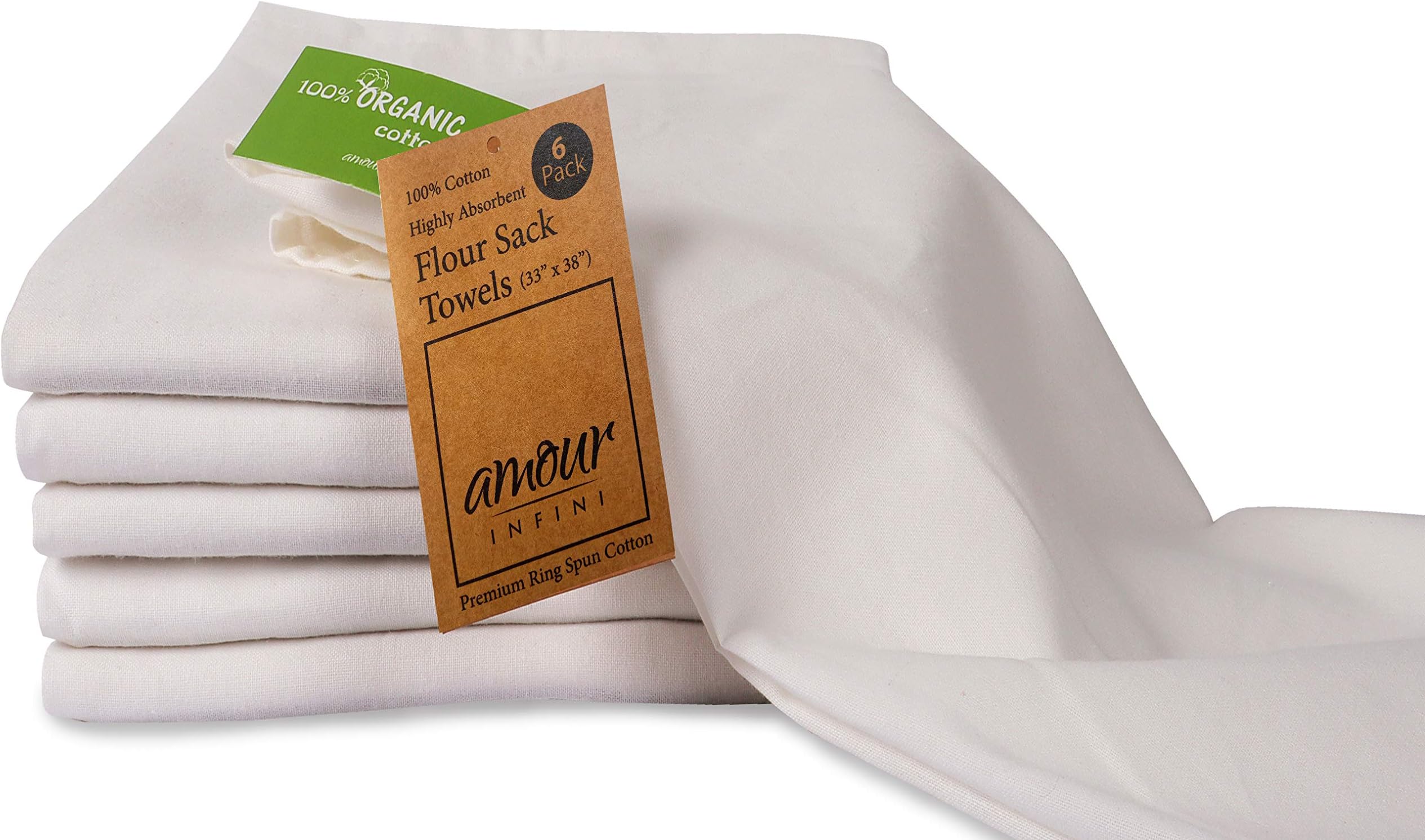 AMOUR INFINI Flour Sack Towels | Multi-use Kitchen Towels, Dish Towels, Cloth Napkins |100% Ring Spun Cotton | Highly Absorbent Tea Towels for Embroidery | 6 Pack | 33 x 38 Inch | Off- White