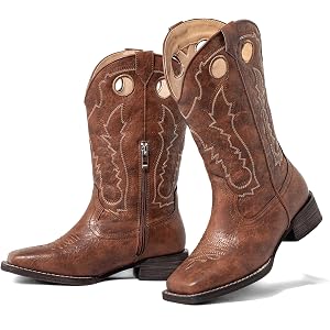 SheSole Cowboy Boots for Women Wide Calf Western Embroidered Cowgirl Boots Square Toe Mid Calf Chunky Heel Country Boot