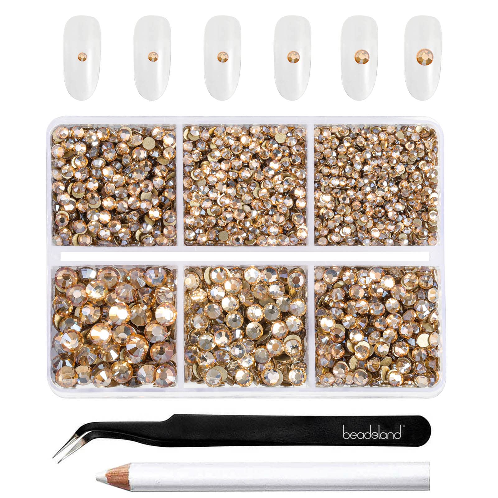 Beadsland 4300pcs Flatback Nail Rhinestones,Gold Rhinestones Round Crystal Gems for Crafts,Mixed 6 Sizes with Picking Tweezers and Wax Pencil Kit, SS6-SS20,Golden Shadow — image 1