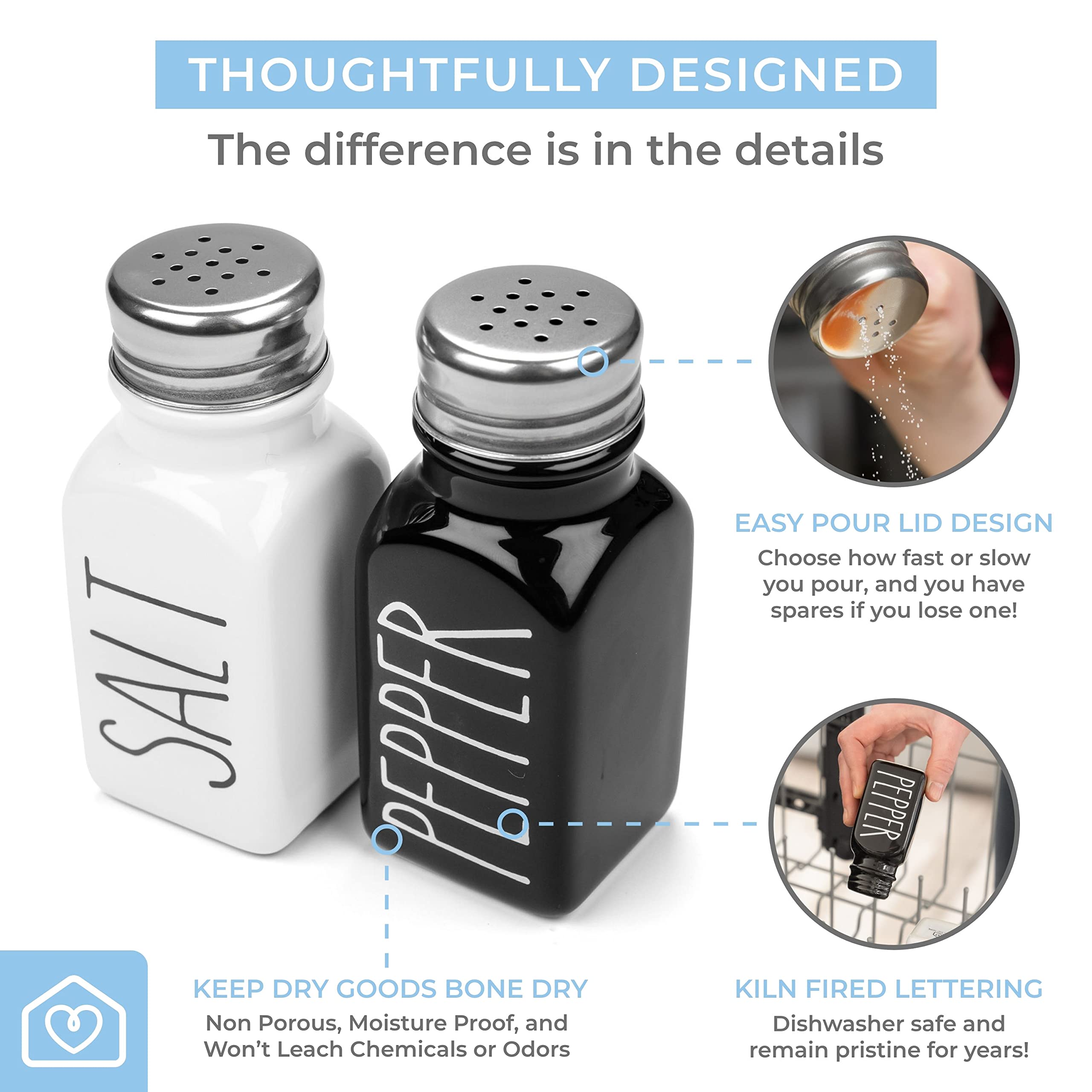 Heartland Home Farmhouse Ceramic Salt and Pepper Shakers Set with Extra Lids. 100% Stoneware Salt and Pepper Shaker Set. Black Pepper and White Salt Shaker with Lid x4. Kitchen Salt Pepper Shakers