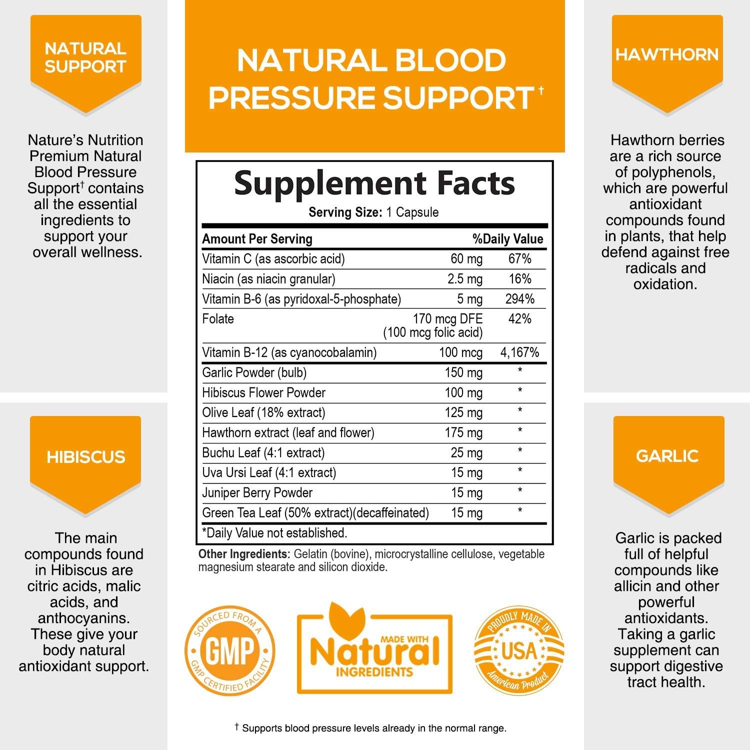 Blood Pressure Support Supplement Extra Strength Heart Aid 685mg - Heart Health Vitamins - Made in USA - Best Natural Blood Pressure Support* Pill with Garlic, Hawthorn & Hibiscus - 60 Capsules: Health & Personal Care