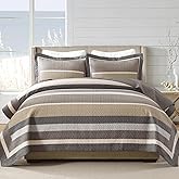 FineStichery 100% Cotton King Quilt Set - 3 Piece Farmhouse Striped Bedding, Reversible Lightweight Quilted Bedspread, Breathable Thin Comforter, All Season, Brown/Beige