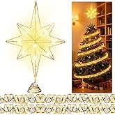 Soulchen 10-Light 8-Point Christmas Star Tree Topper with LED String Light 13.38" Bethlehem Capiz Star Trees Topper 2 Christmas Ribbon Lights Gold Glittered Tree Toppers Xmas Decoration Indoor