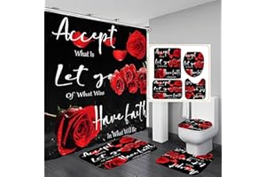Yddsky 4 Pcs Red Rose Shower Curtain Sets Non-Slip Rugs Bath Mat Toilet Cover U Shaped Mat Thankful Grateful Blessed Black Red Shower Curtain with 12 Hooks Valentine's Day Bathroom Set