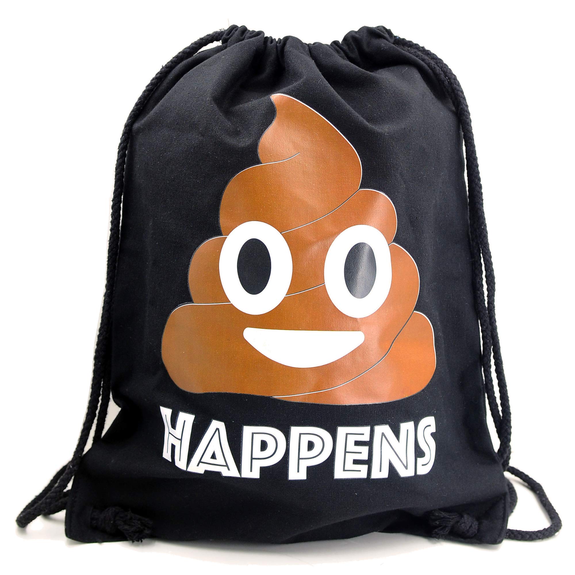 PREMYO Cotton Drawstring Gym Bag Backpack Quote Print Smiley Poop Canvas Rucksack for School Sports Travel Women Children Birthday Present Black