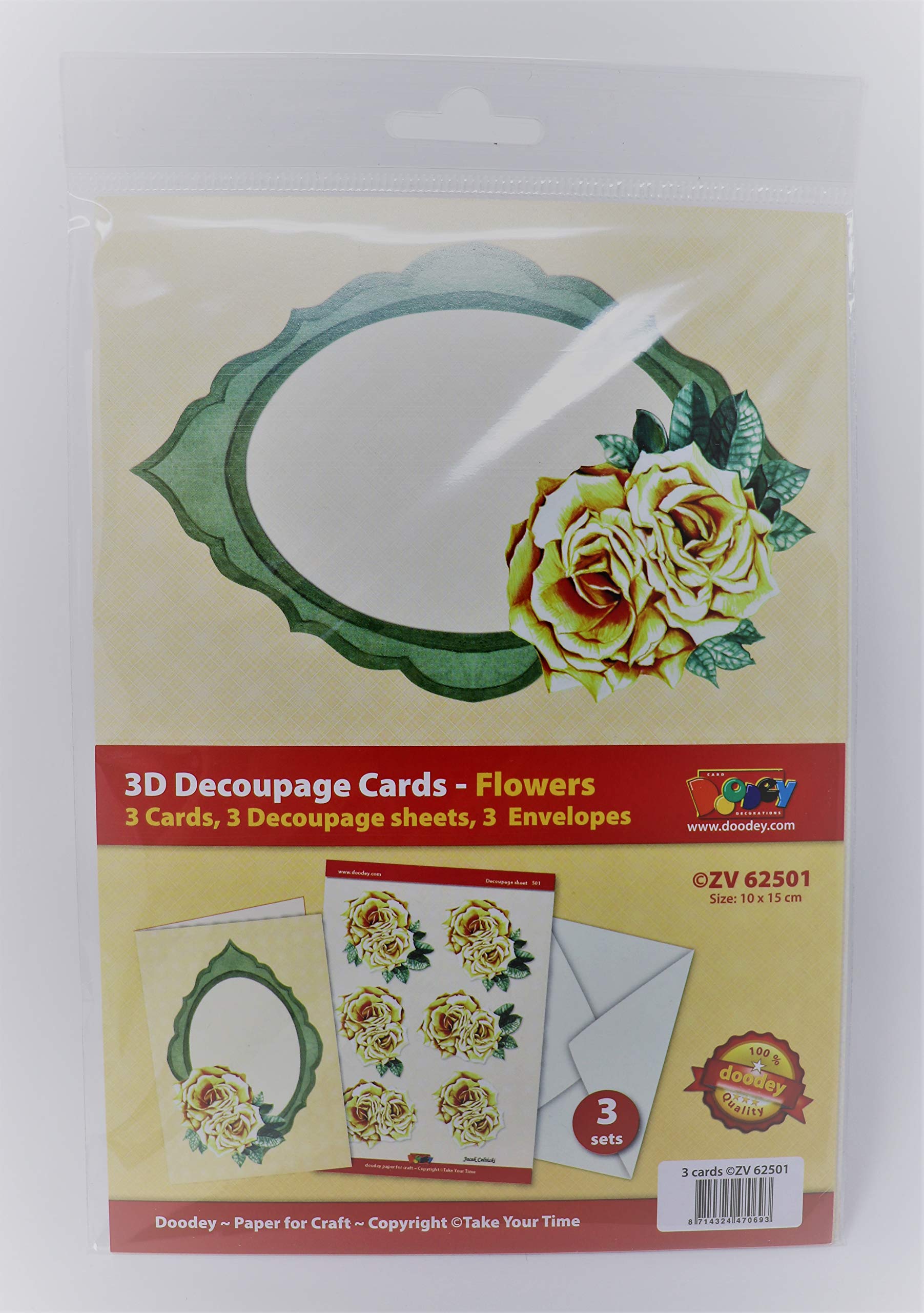 3D Decoupage-Card Flowers Rose Oval Frame Design Making Pack That Contains Cards, 3 Flower Decoupage Sheets and 3 Envelopes, Green and White, One Size