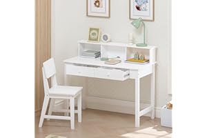 Spirich Kids Desk and Chair Set, Kids Study Desk with Hutch for 5-12 Years Old, Children Wooden Study Table, Student Writing Table Computer Workstation