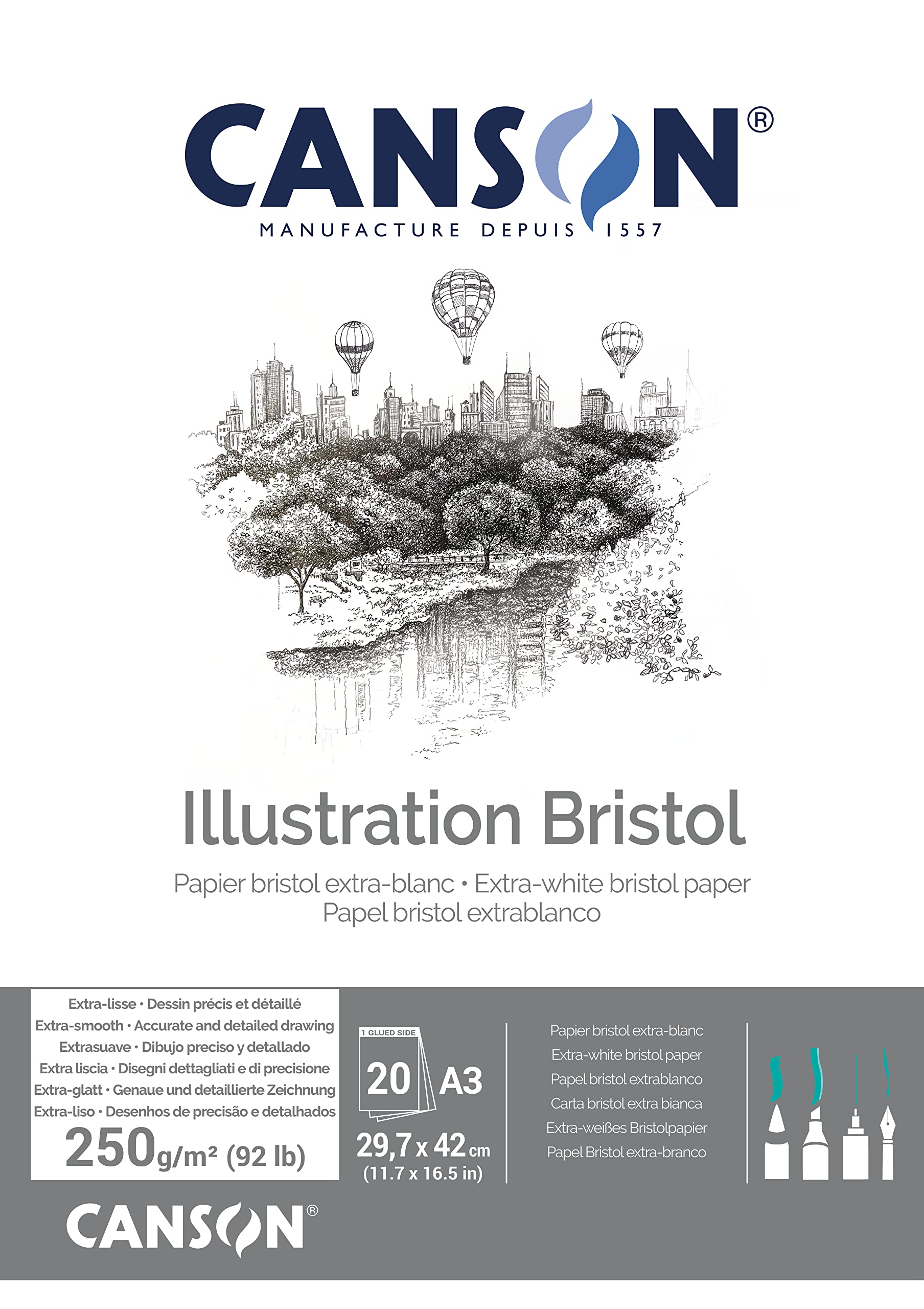 Canson Bristol 250gsm Paper, high-White & Ultra-Smooth, A3 pad Including 20 Sheets