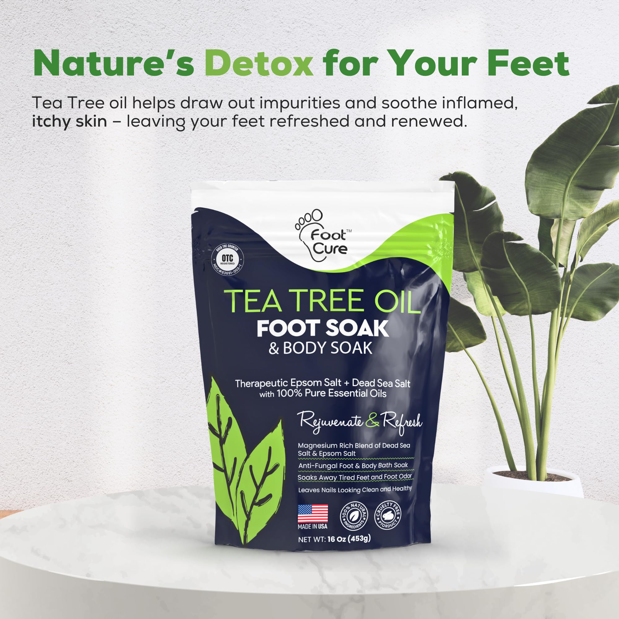 Tea Tree Oil Foot Soak with Epsom Salt - For Toenail Repair, Athletes Foot, Softens Calluses, Soothes Sore & Tired Feet, Nail Discoloration, odor Scent, Spa Pedicure Care - Made in USA 16 oz