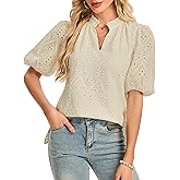 LUXEBOLD Women's V Neck Blouses Dressy Casual Puff Short Sleeve Shirts Hollow Summer Tops Business Women S-XXL