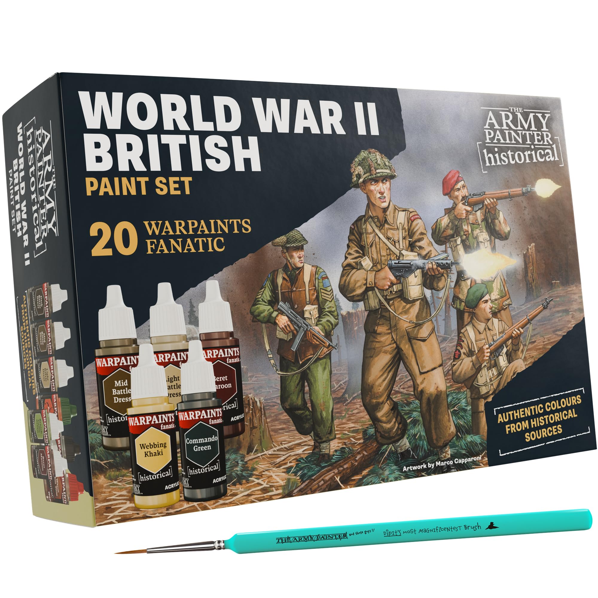 The Army Painter, Historical: WWII British Paint Set Combo, 20 x 18 ml Warpaints Fanatic: 14 acrylic, 4 Washes, 1 Effect, 1 Metallic & 1 Brush - Miniature Paint for British Armed Forces