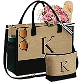 YOOLIFE Personalized Gifts for Women - Initial Jute Tote Bag & Makeup Bag, Birthday Gifts for Women Mom Wife Teacher Friend
