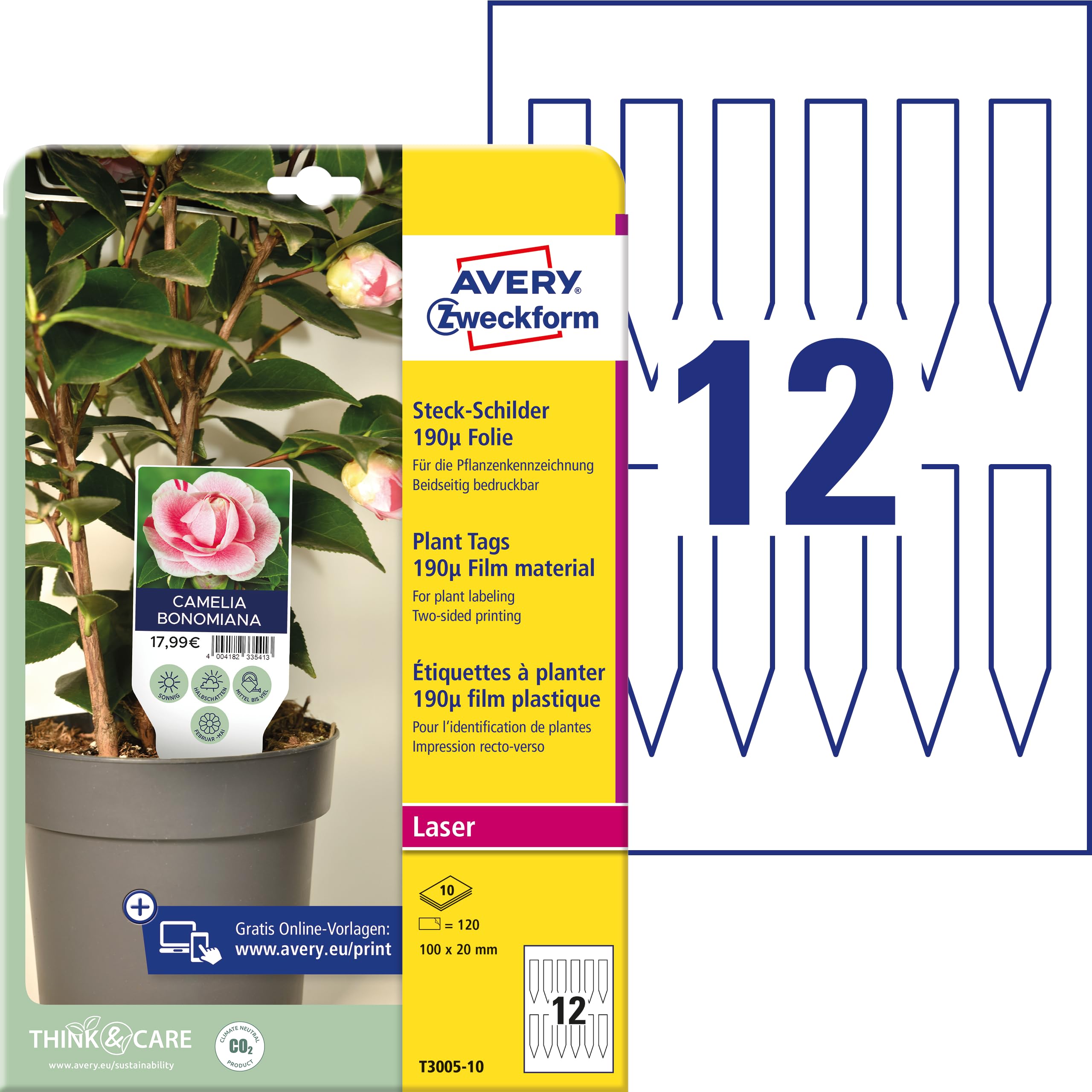 AVERY Zweckform T3005-10 Weatherproof Plug-in Signs Pack of 120 (100 x 20 mm on A4, Printable Plant Signs, Tear-Resistant, Heavy Duty, Garden Signs, Plant Signs) Film, White