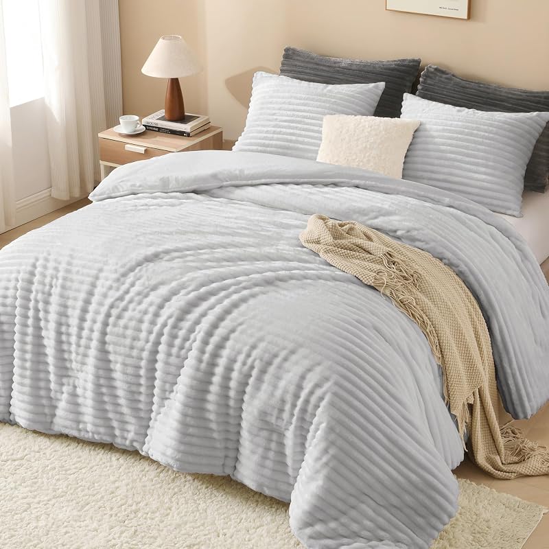 Set di biancheria da letto per letto queen size, soffice e super morbido, grigio chiaro, per letto queen size, in caldo pile invernale, set di biancheria da letto in pelliccia sintetica, 3 — foto 6 di 7