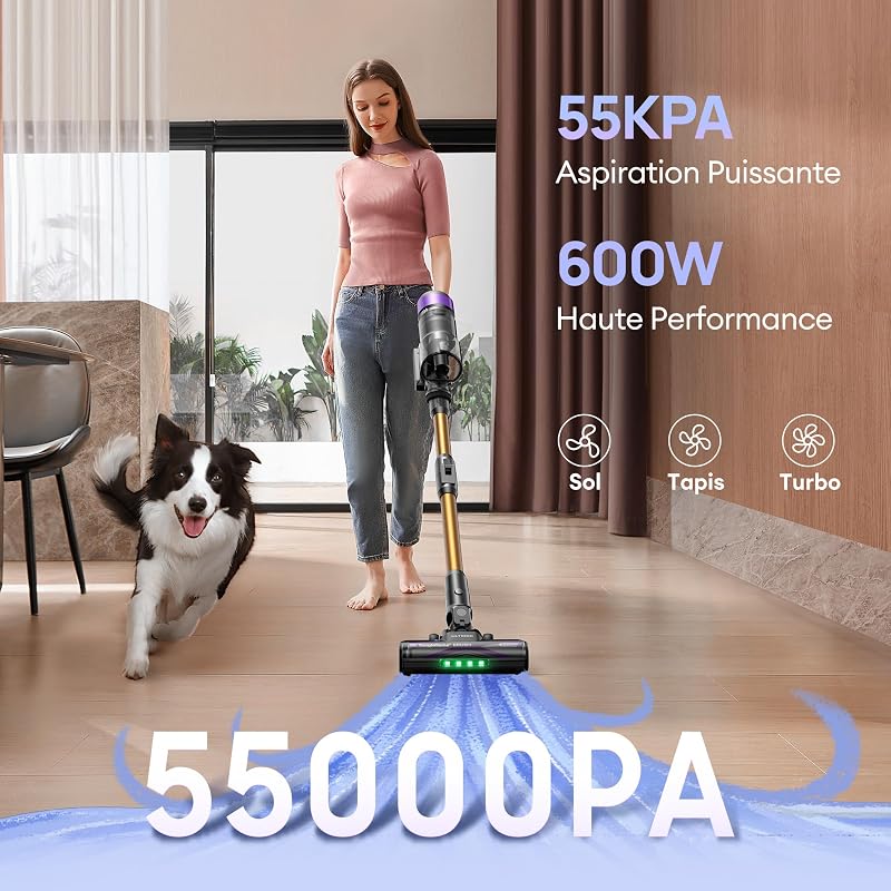 Aspirateur Balai sans Fil, 55kPa/60min Aspirateur sans Fil, Technologie GreenEye, Tube Pliable, Brosse de Sol TangleTame, Puissant pour Poils Animaux, Sol Dur et Voiture