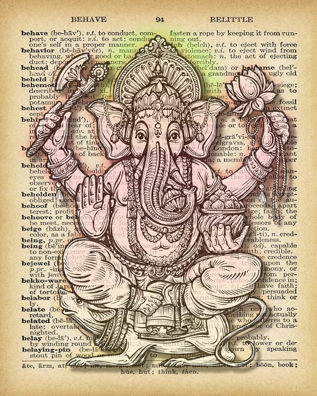 Lord Ganesha Ganapati Portrait - Meditation Yoga Hindu God remover of Obstacles Dictionary Art Print Vintage Background Prints Wall Art Pictures Paintings UnFramed…