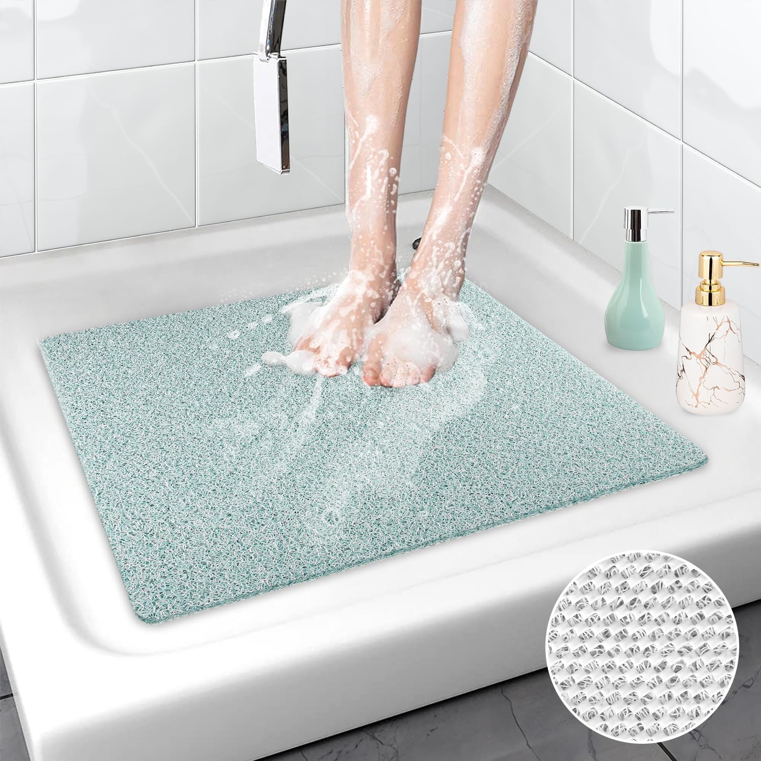 Shower Mat Non Slip Anti Mould: Bath Mats for Inside Bath- 80 x 80 cm Anti Slip Shower Mats for Inside Shower- Loofah Shower Mat Green Square Washable Shower Matt for Elderly Wet Room Quick Dry
