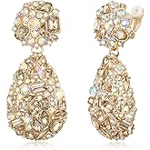 EVER FAITH Glamour Rhinestone Statement Clip-on Earrings, Fashion Chic Art Deco Sparkly Marquise Water Drop Crystal Dangle Earrings for Women