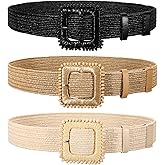 TRIWORKS 3 Pack Straw Woven Stretch Belt for Women,Raffia Elastic Belt for Dress Wide Boho Waist Belt with Square Buckle