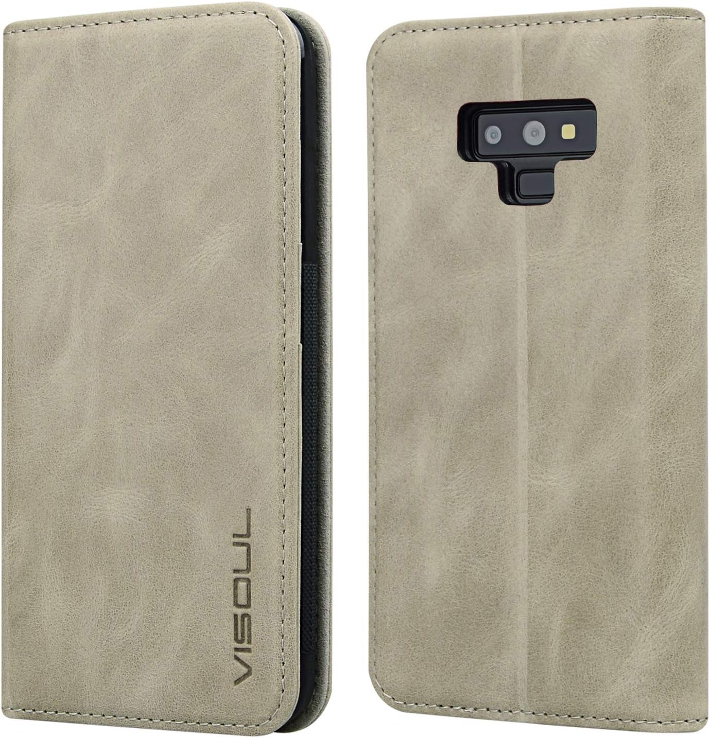 VISOUL Wallet Case for Samsung Galaxy Note 9, Genuine Leather Folio Book Flip Case with Kickstand and Card Slots, Magnetic Flap Case for Samsung Galaxy Note 9 (6.4-inch) (Grey)