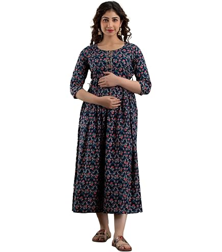 MAGHMA Women's Maternity Gown | Nursing Nightgown for Breastfeeding Dress |Floral Maxi Maternity Dress