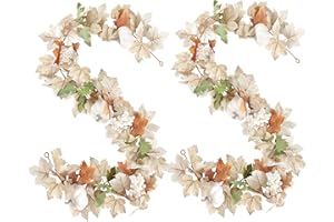 Sggvecsy Fall Maple Leaf Garland with White Pumpkins Clusters of Berries Autumn Hanging Foliage for Home Indoor Outdoor Party Thanksgiving Fireplace Decor (2 PCS)