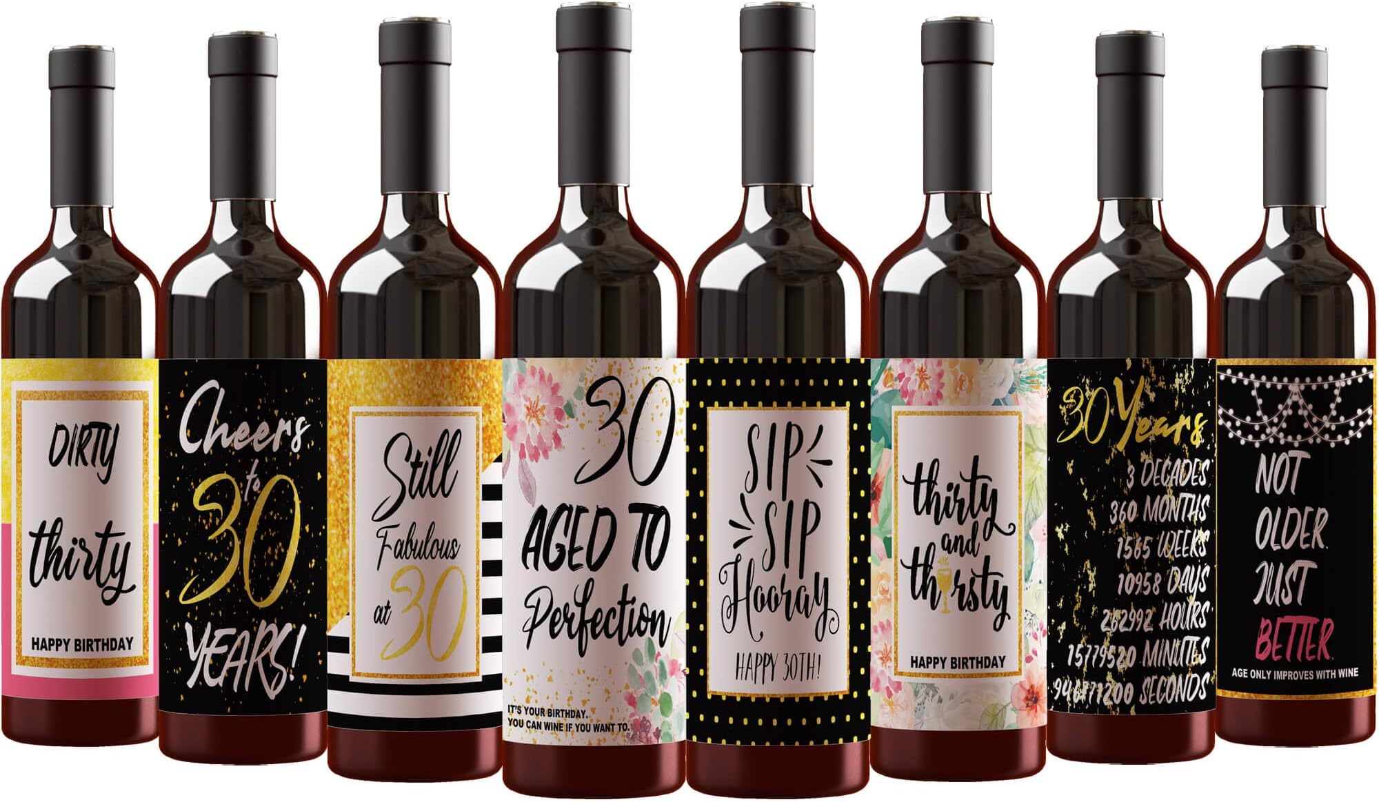 30th Birthday Wine Bottle Labels Stickers, Funny Birthday Gifts for Adult, Women and Men, 1991 Milestone Dirty Thirsty Flirty Thirty Bday Presents Cheers to 30 Years - Set of 8 (WINE NOT INCLUDED)
