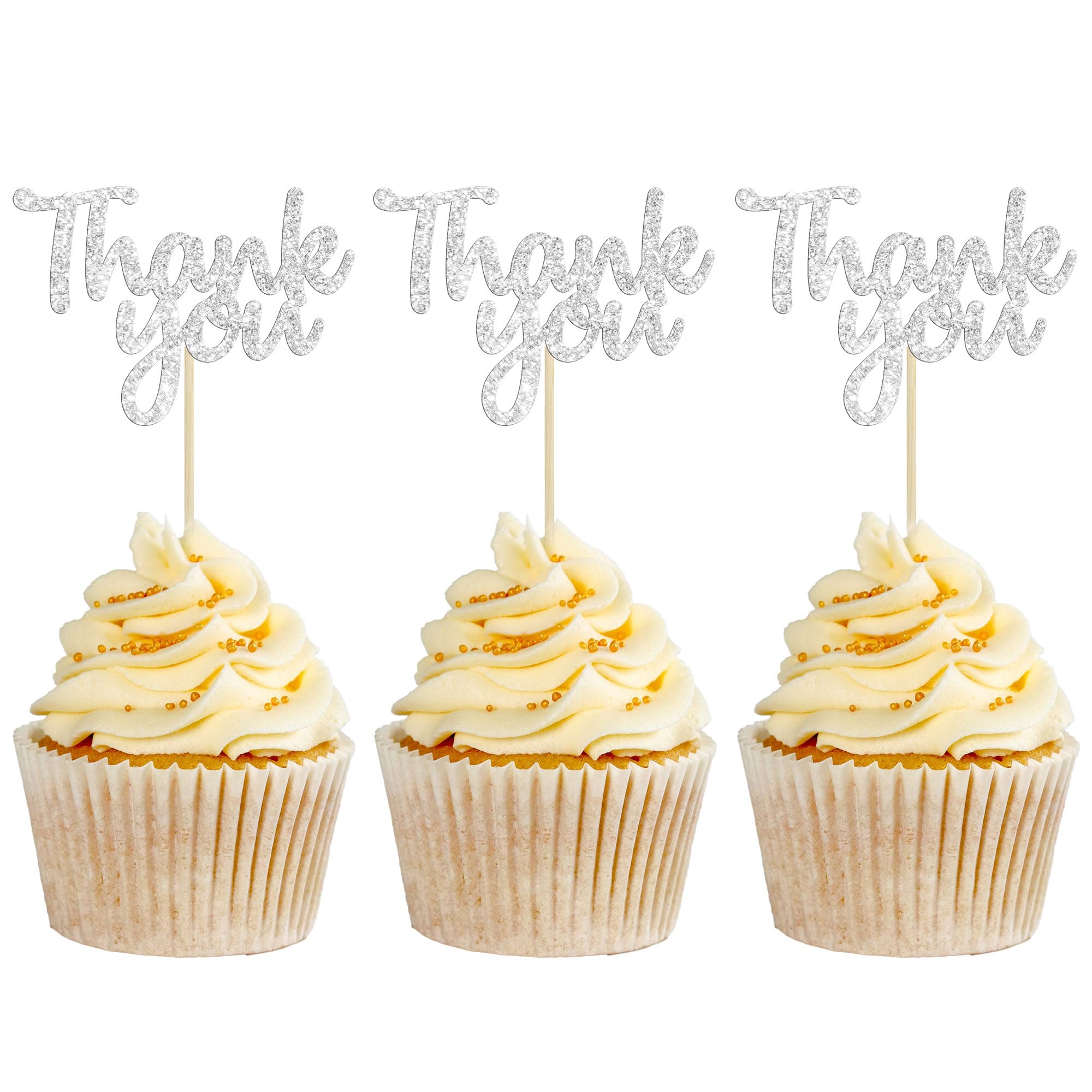 Gyufise 36 Pack Thank You Cupcake Toppers Silver Glitter Thanksgiving Cupcake Picks Decorations for Baby Shower Boys Girls Birthday Party Supplies